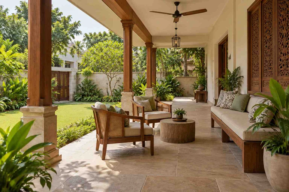 AI-generated outdoor concept: garden-facing verandah, modern carved direction