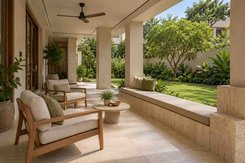 AI-generated outdoor concept: garden-facing verandah, quiet contemporary direction