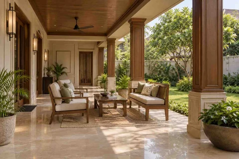 AI-generated outdoor concept: garden-facing verandah, quiet transitional direction