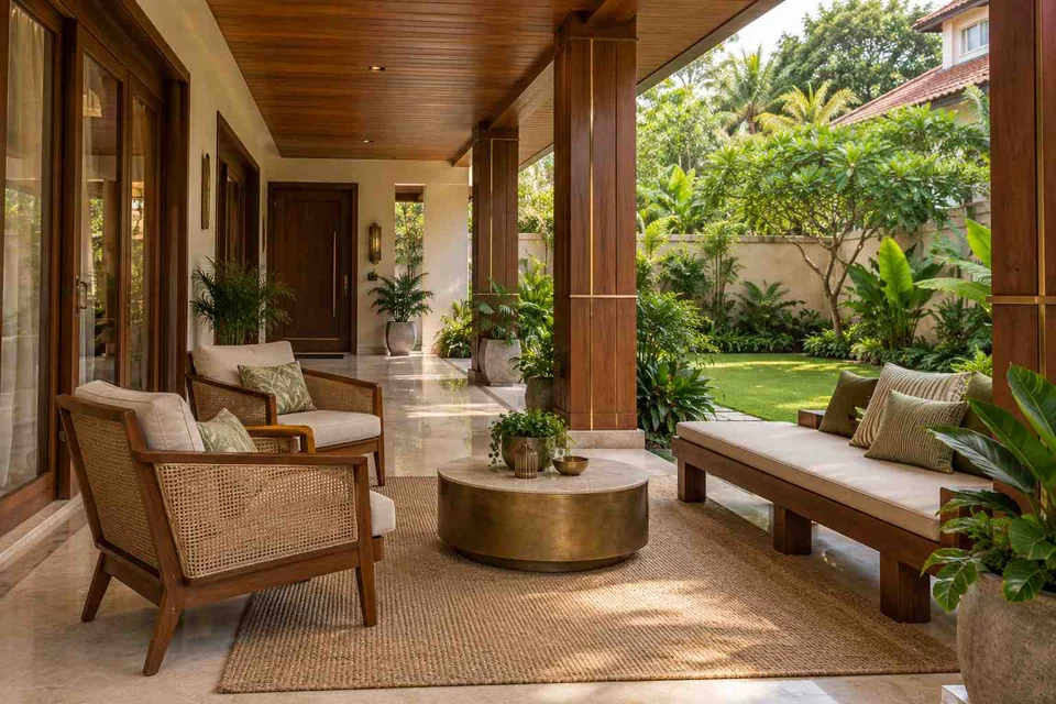 AI-generated outdoor concept: garden-facing verandah, rosewood brass direction
