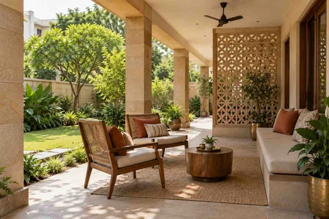 AI-generated outdoor concept: garden-facing verandah, sandstone lattice direction