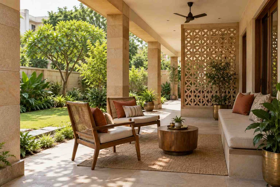 AI-generated outdoor concept: garden-facing verandah, sandstone lattice direction