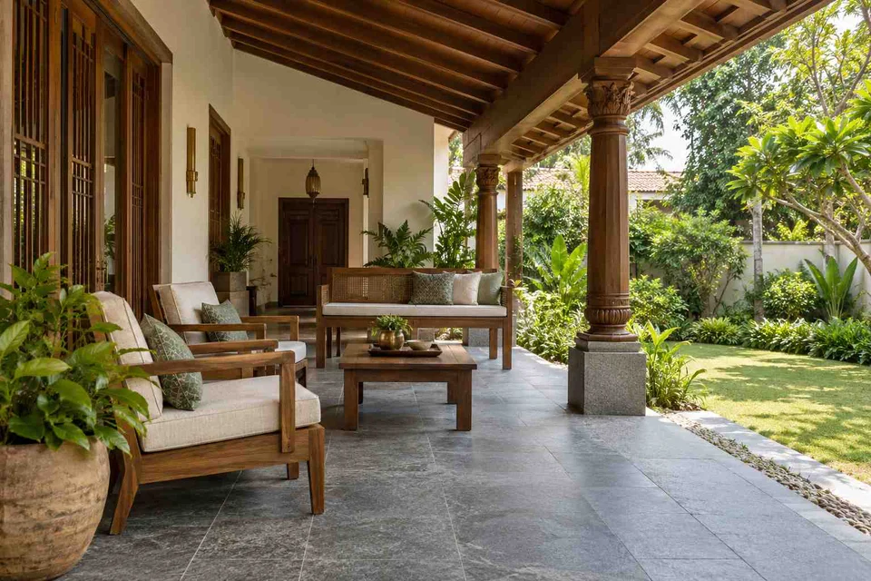 AI-generated outdoor concept: garden-facing verandah, teak craft direction