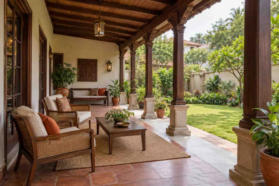 AI-generated outdoor concept: garden-facing verandah, terracotta heritage direction