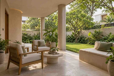 AI-generated outdoor concept: garden-facing verandah, textured mineral direction