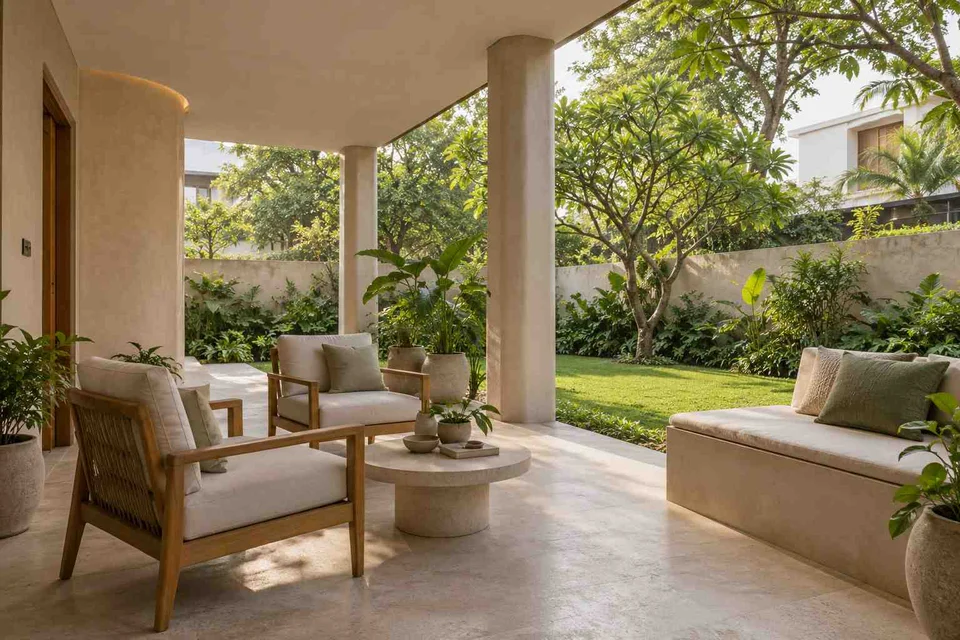 AI-generated outdoor concept: garden-facing verandah, textured mineral direction