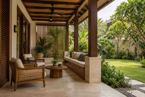 AI-generated outdoor concept: garden-facing verandah, tropical slatted direction