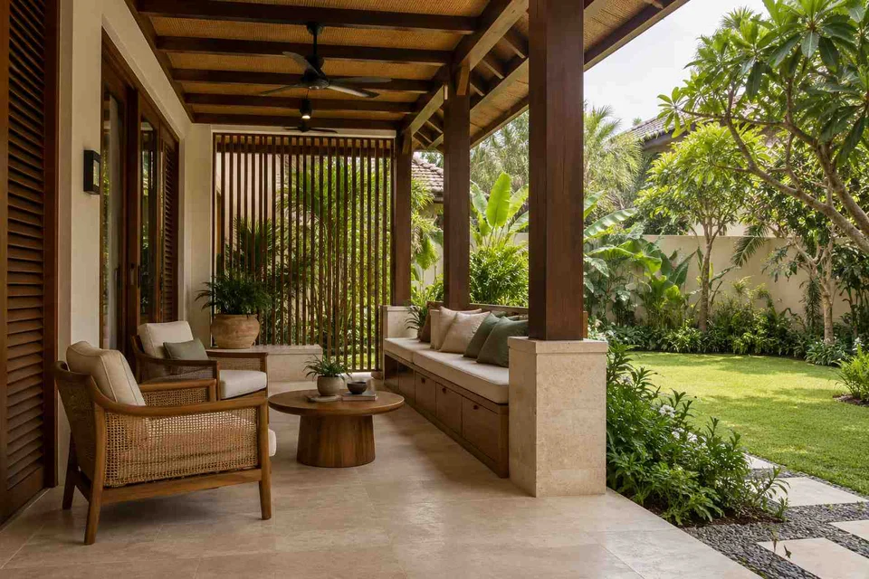AI-generated outdoor concept: garden-facing verandah, tropical slatted direction