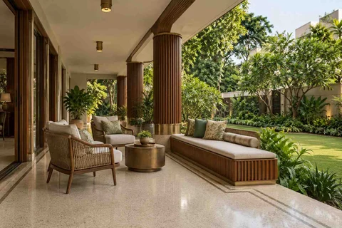 AI-generated outdoor concept: garden-facing verandah, urban deco direction