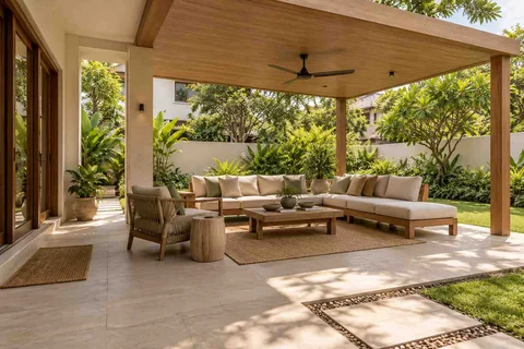 AI-generated outdoor concept: garden-side covered seating, ash and linen direction