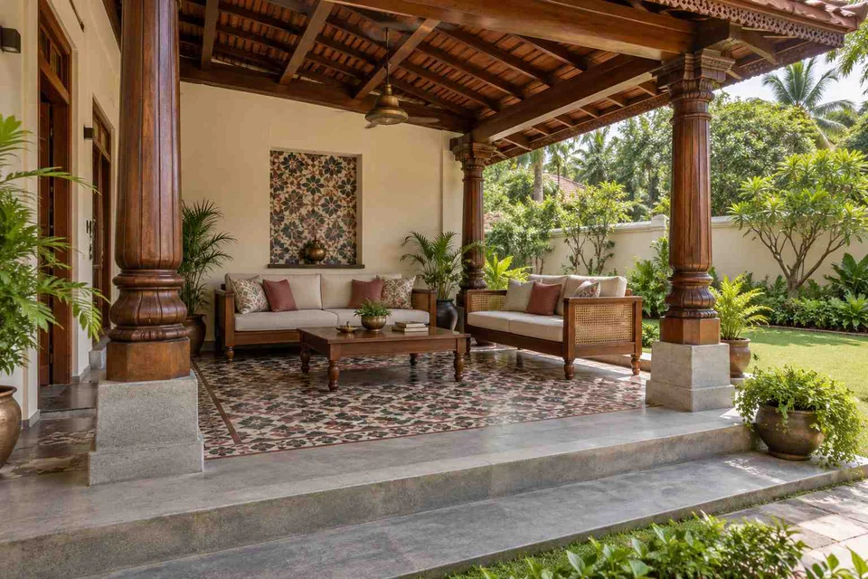 AI-generated outdoor concept: garden-side covered seating, chettinad tile direction