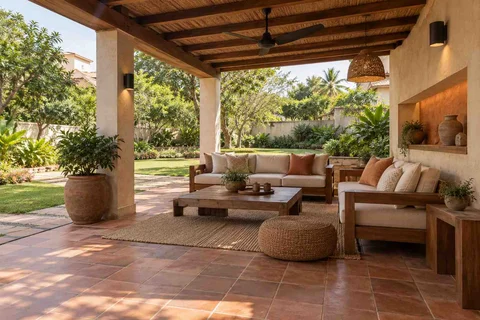 AI-generated outdoor concept: garden-side covered seating, clay artisan direction