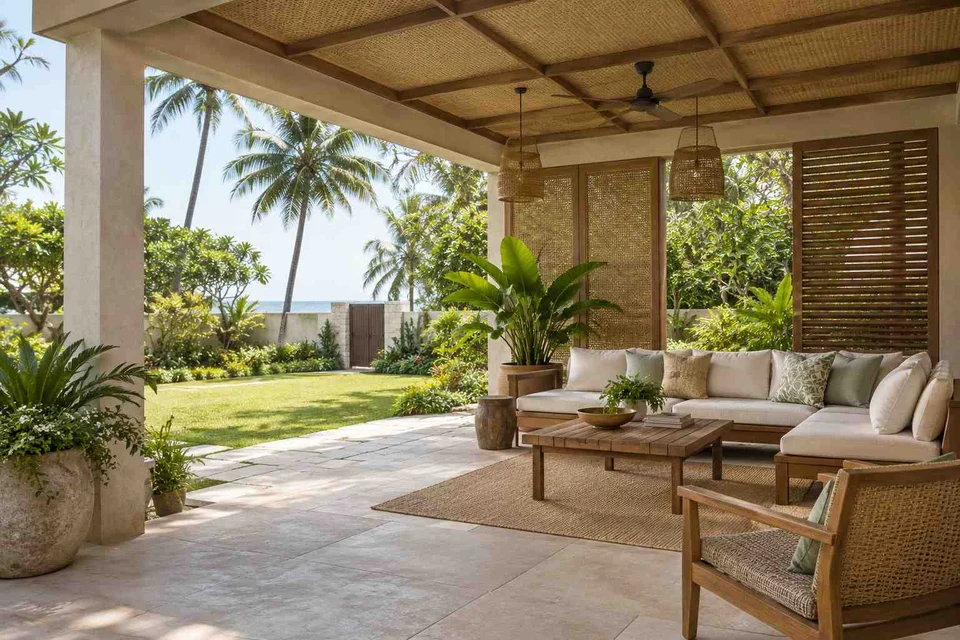 AI-generated outdoor concept: garden-side covered seating, coastal woven direction