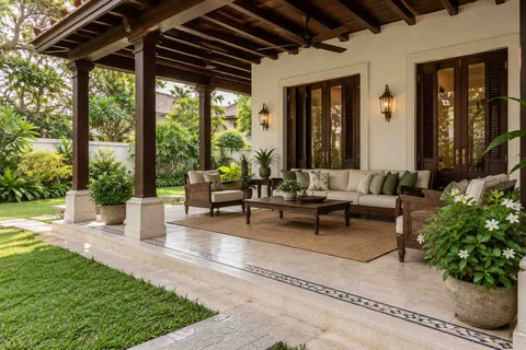 AI-generated outdoor concept: garden-side covered seating, colonial quiet direction