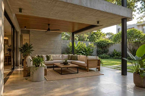 AI-generated outdoor concept: garden-side covered seating, concrete and oak direction