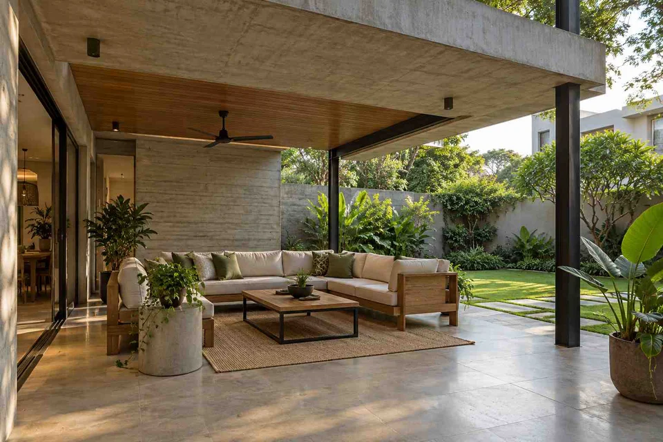AI-generated outdoor concept: garden-side covered seating, concrete and oak direction