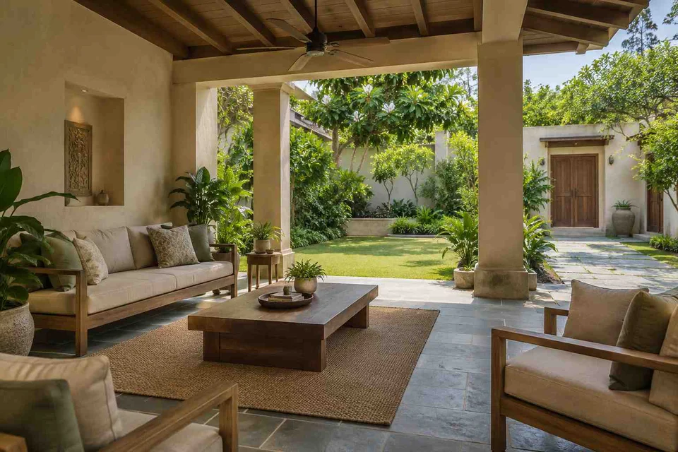 AI-generated outdoor concept: garden-side covered seating, courtyard modern direction