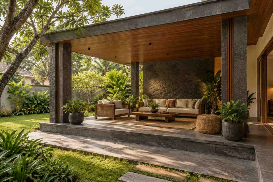AI-generated outdoor concept: garden-side covered seating, deccan stone direction