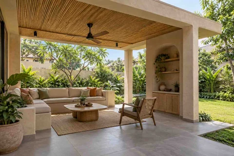 AI-generated outdoor concept: garden-side covered seating, earth and bamboo direction