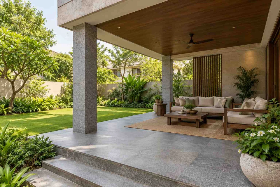 AI-generated outdoor concept: garden-side covered seating, granite precision direction