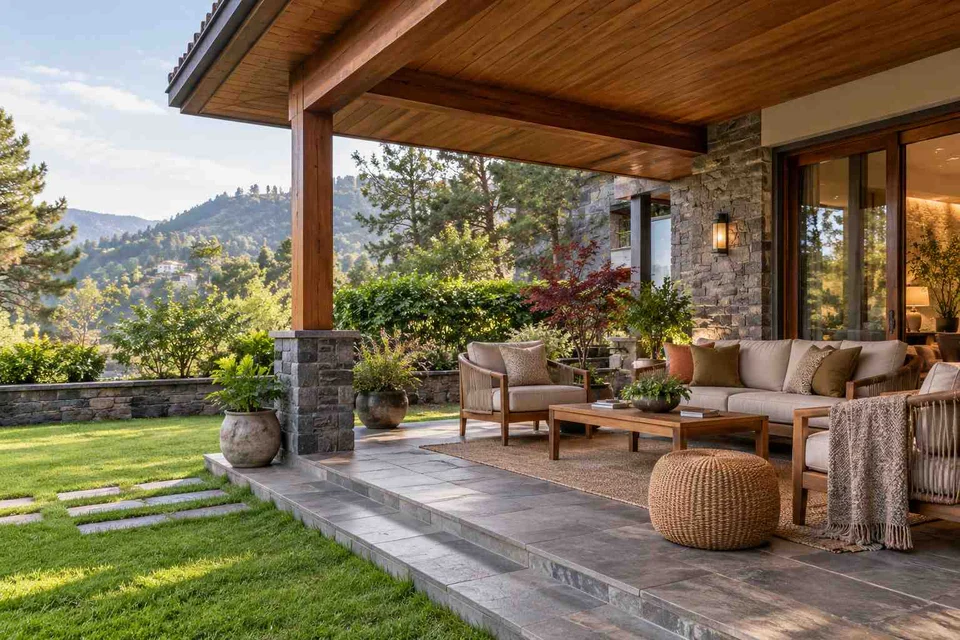 AI-generated outdoor concept: garden-side covered seating, hill timber direction