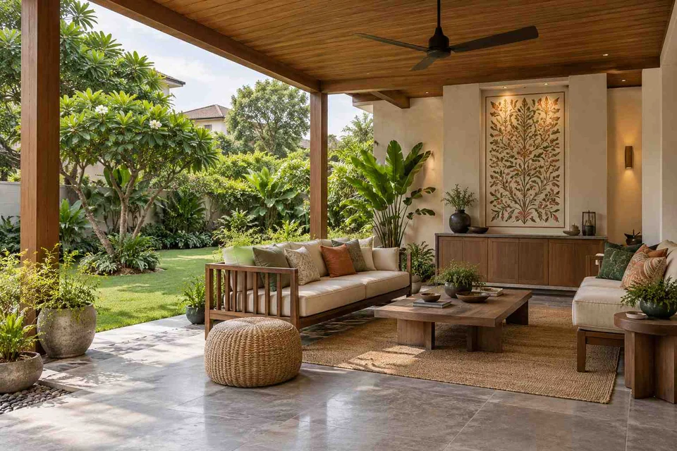 AI-generated outdoor concept: garden-side covered seating, inlay atelier direction