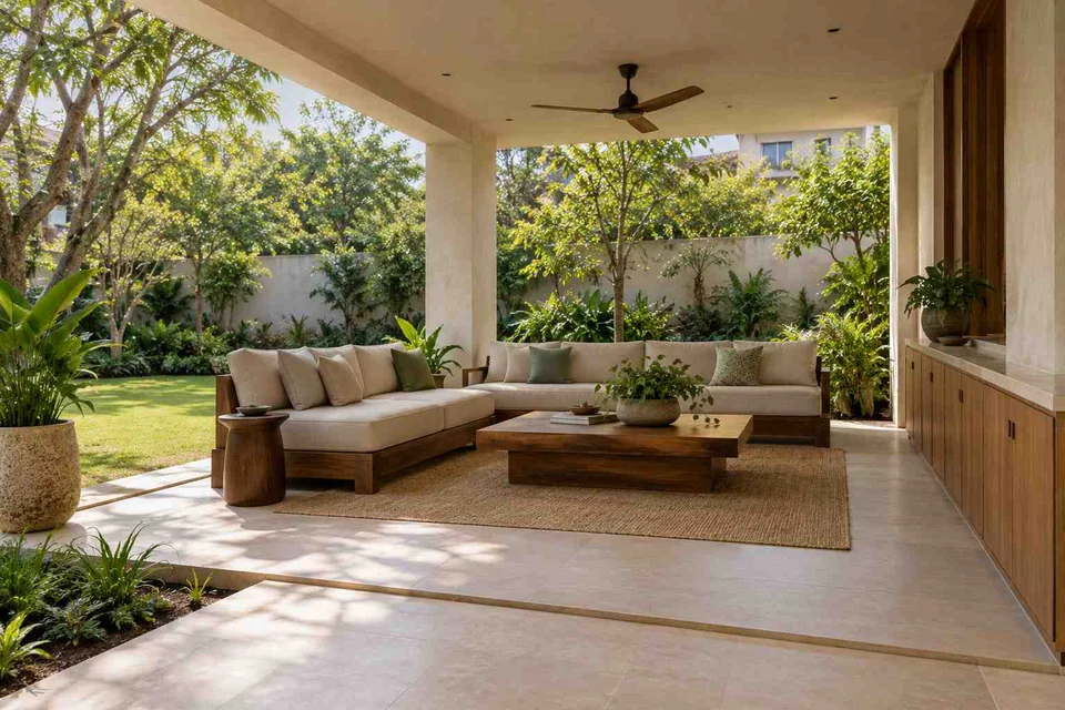 AI-generated outdoor concept: garden-side covered seating, lime and walnut direction