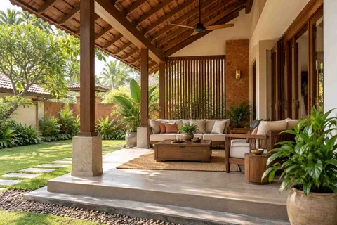 AI-generated outdoor concept: garden-side covered seating, malabar timber direction