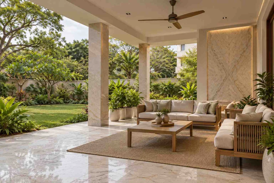 AI-generated outdoor concept: garden-side covered seating, marble restraint direction