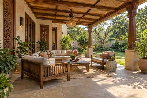 AI-generated outdoor concept: garden-side covered seating, modern carved direction