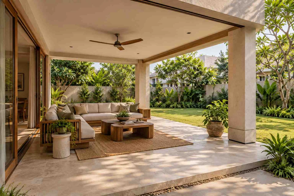 AI-generated outdoor concept: garden-side covered seating, quiet contemporary direction