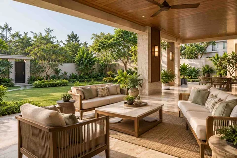 AI-generated outdoor concept: garden-side covered seating, quiet transitional direction