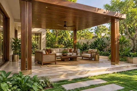 AI-generated outdoor concept: garden-side covered seating, rosewood brass direction