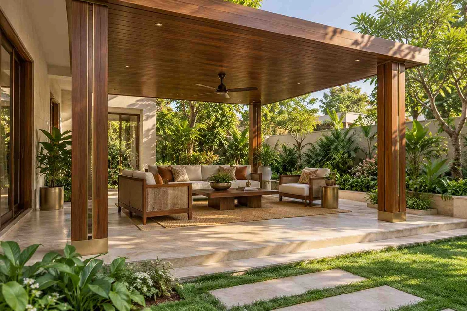 AI-generated outdoor concept: garden-side covered seating, rosewood brass direction