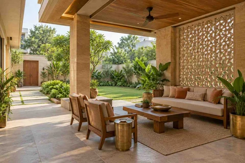 AI-generated outdoor concept: garden-side covered seating, sandstone lattice direction
