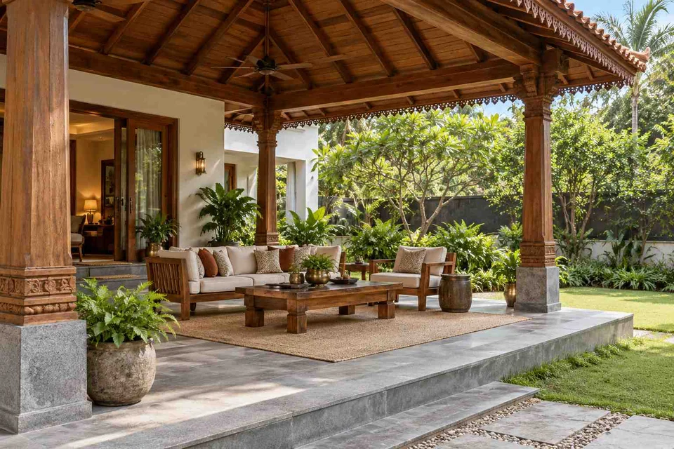 AI-generated outdoor concept: garden-side covered seating, teak craft direction