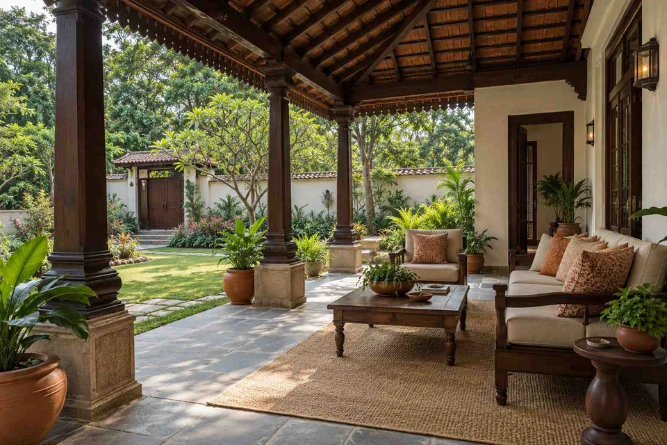 AI-generated outdoor concept: garden-side covered seating, terracotta heritage direction