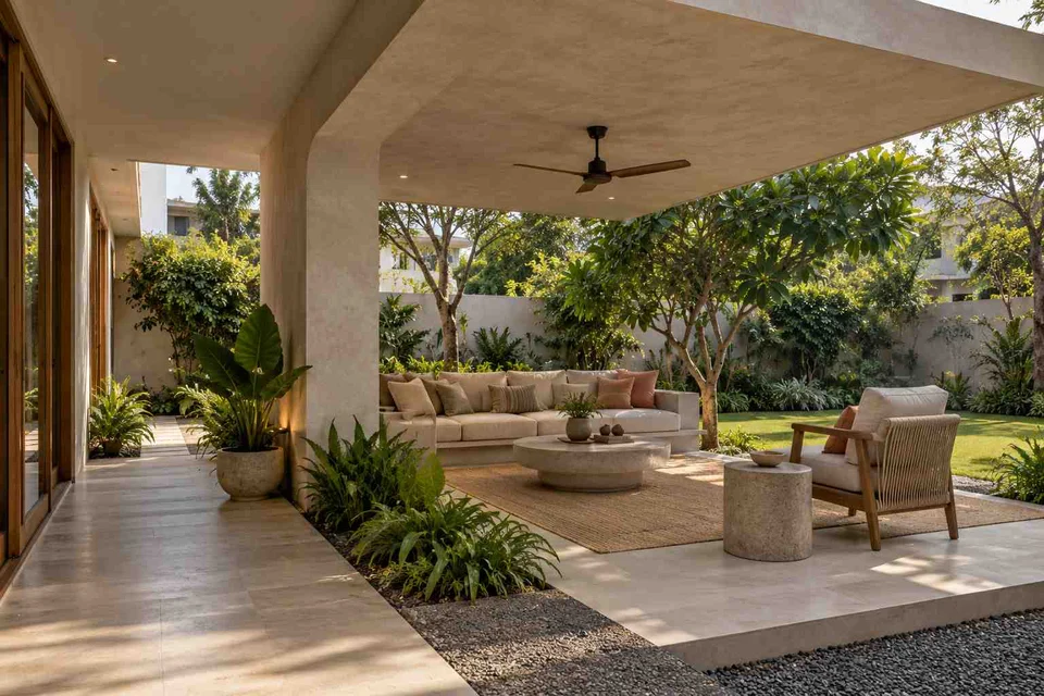 AI-generated outdoor concept: garden-side covered seating, textured mineral direction