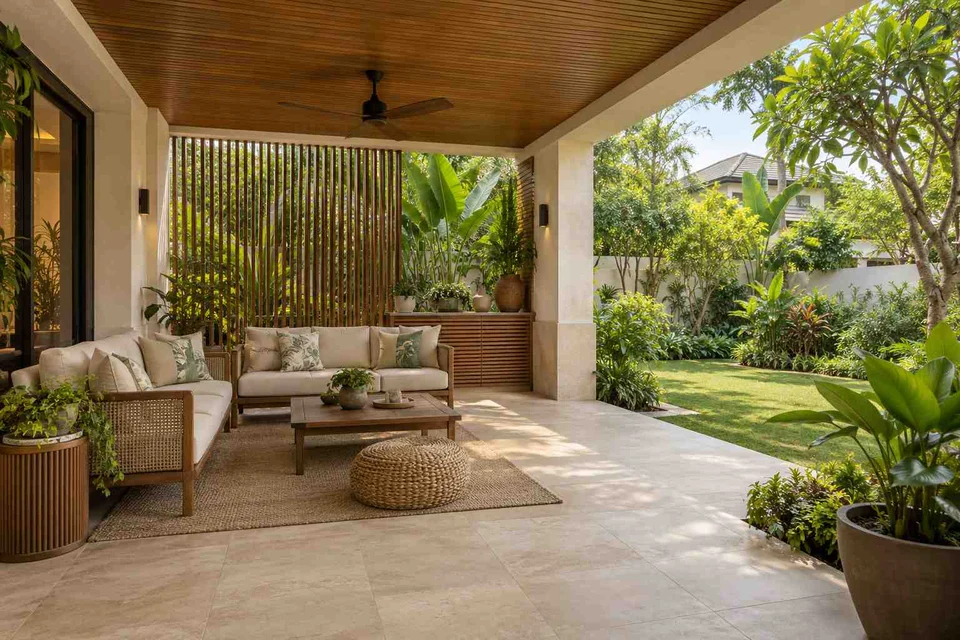 AI-generated outdoor concept: garden-side covered seating, tropical slatted direction