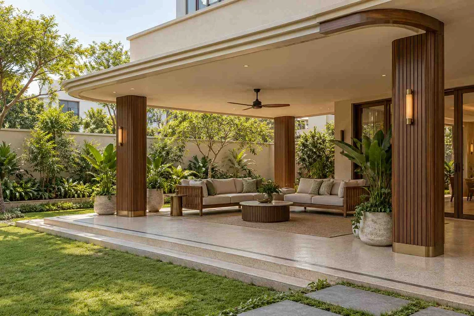 AI-generated outdoor concept: garden-side covered seating, urban deco direction