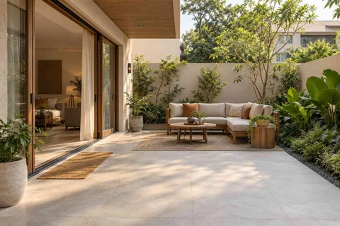 AI-generated outdoor concept: garden threshold patio, ash and linen direction