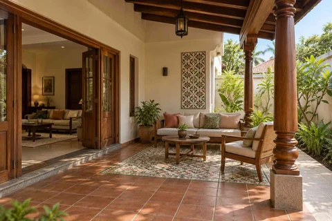 AI-generated outdoor concept: garden threshold patio, chettinad tile direction