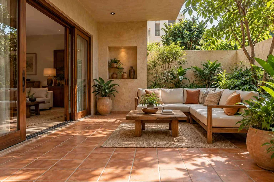 AI-generated outdoor concept: garden threshold patio, clay artisan direction