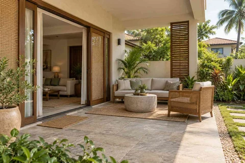 AI-generated outdoor concept: garden threshold patio, coastal woven direction