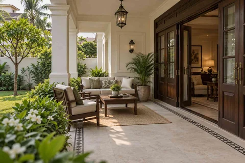 AI-generated outdoor concept: garden threshold patio, colonial quiet direction