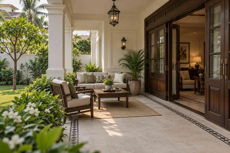 AI-generated outdoor concept: garden threshold patio, colonial quiet direction