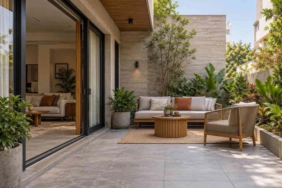 AI-generated outdoor concept: garden threshold patio, concrete and oak direction