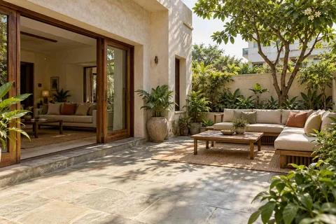 AI-generated outdoor concept: garden threshold patio, courtyard modern direction
