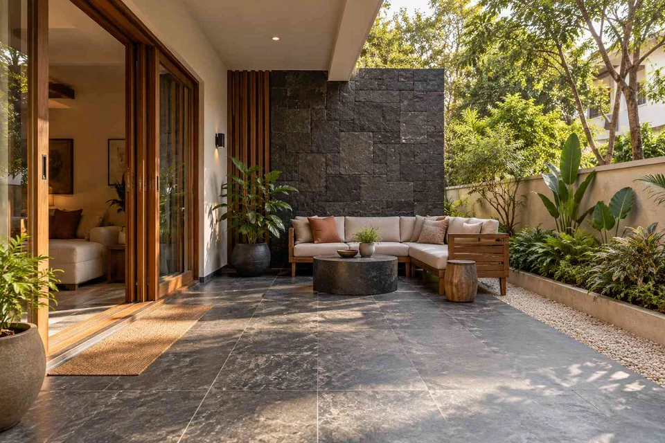 AI-generated outdoor concept: garden threshold patio, deccan stone direction
