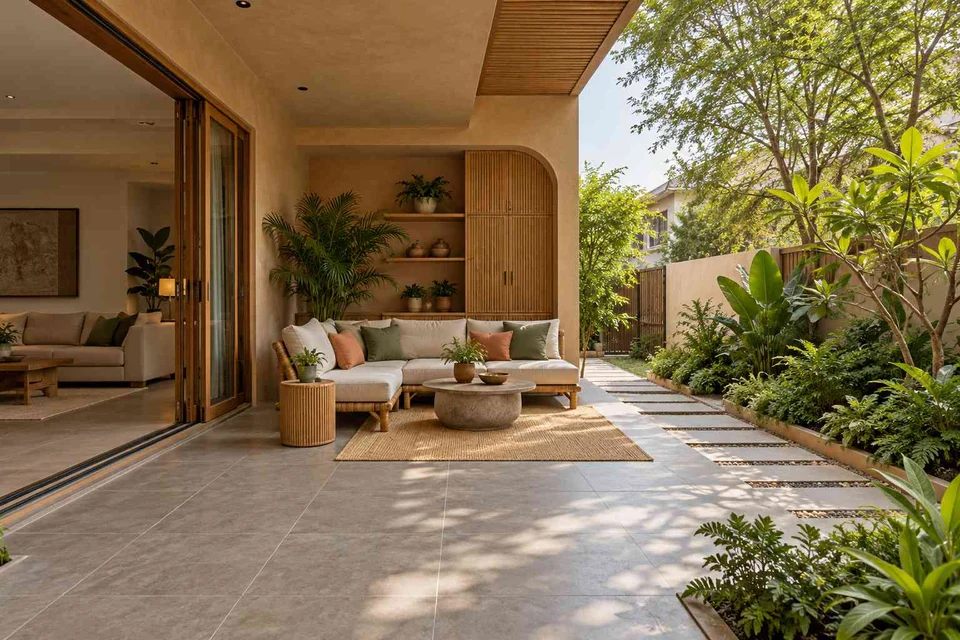 AI-generated outdoor concept: garden threshold patio, earth and bamboo direction